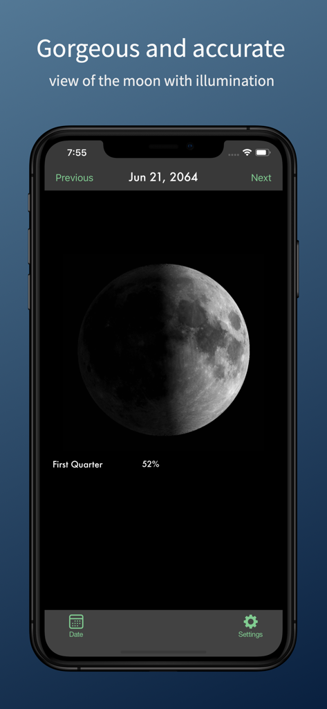 SimpleMoonアプリのスマートフォンインターフェース。52パーセントの明るさの第一四半期の月の満ち欠けを表示しています。