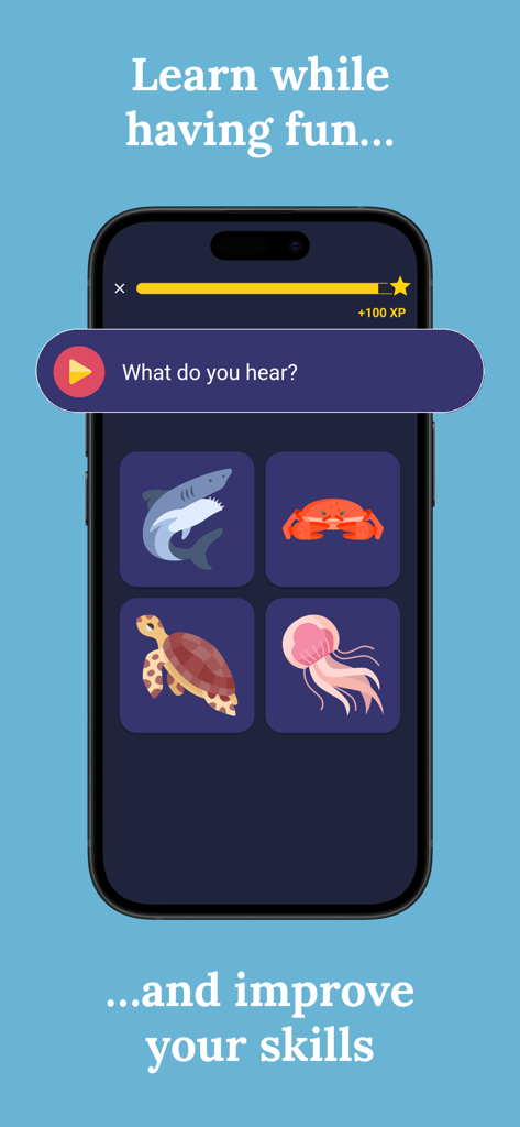 Learn Portuguese (Beginners) - Interactive Portuguese vocabulary exercise with sea animal images and audio prompt