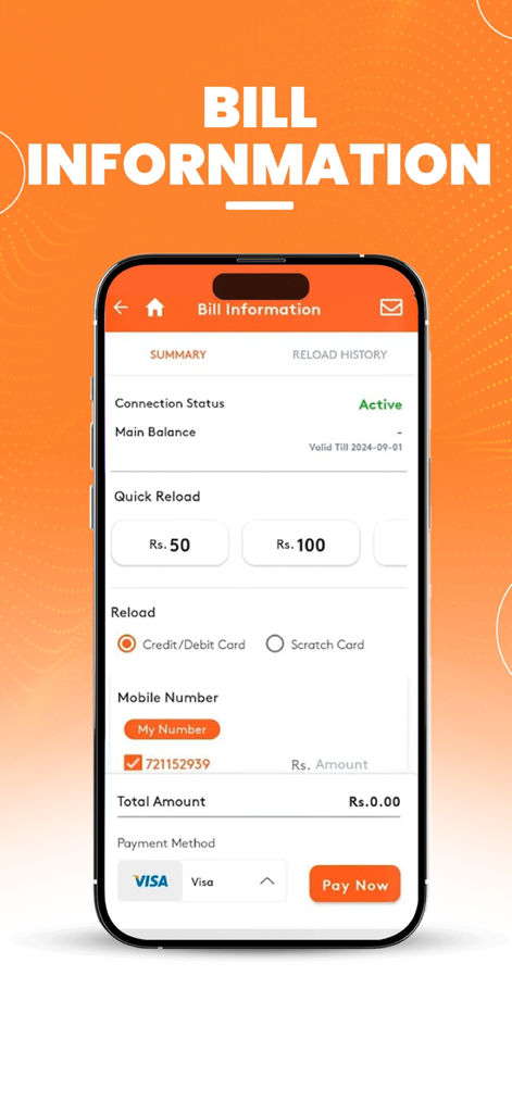 Informações de conta do Hutch App e tela de recarga móvel mostrando opções de pagamento para conexões pré-pagas.