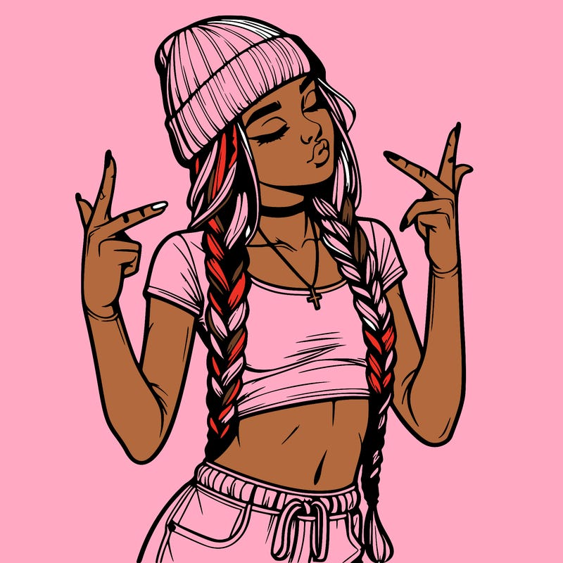 realistic teenage girl with braids and a beanie and crop top doing 🫶🏼