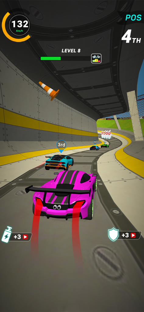Arcade racing gameplay featuring a pink sports car on a tunnel track with obstacles