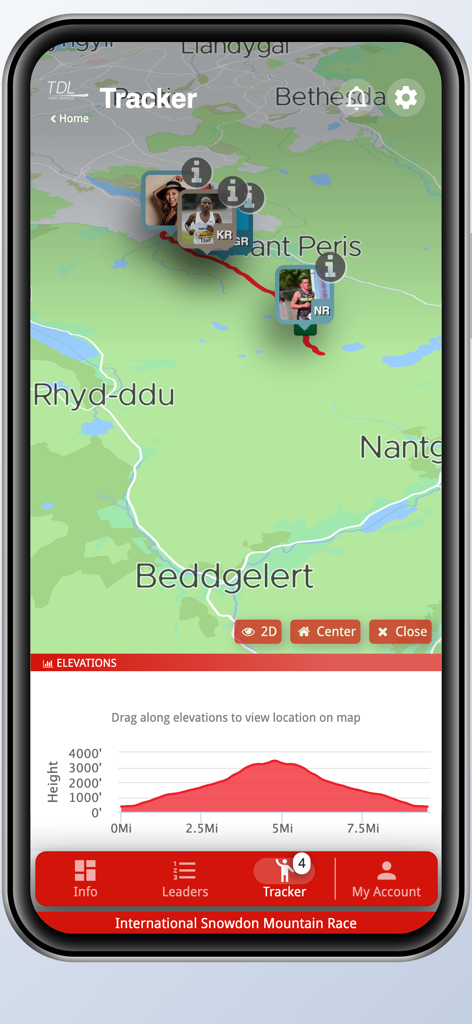 TDL Event Services - Live tracker screen showing runner positions on a map and a course elevation chart in the TDL Event Services app.