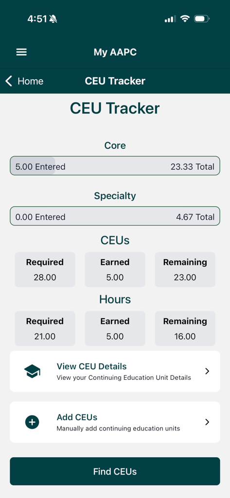 My AAPC - My AAPC app CEU Tracker dashboard showing continuing education unit progress and requirements