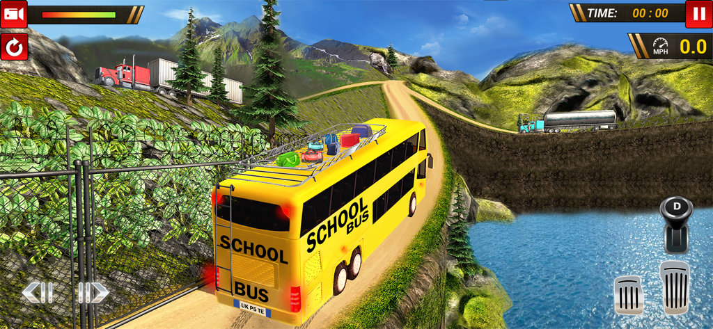 School Bus Uphill Driving - Un autobús escolar amarillo conduciendo por un estrecho camino de tierra en un paisaje montañoso con un lago.