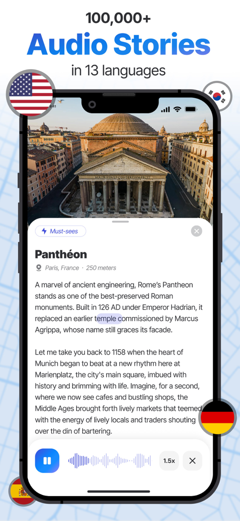 Interfaccia dell'app Tourly che mostra la descrizione di un monumento storico e i controlli di riproduzione audio con le bandiere dei paesi.