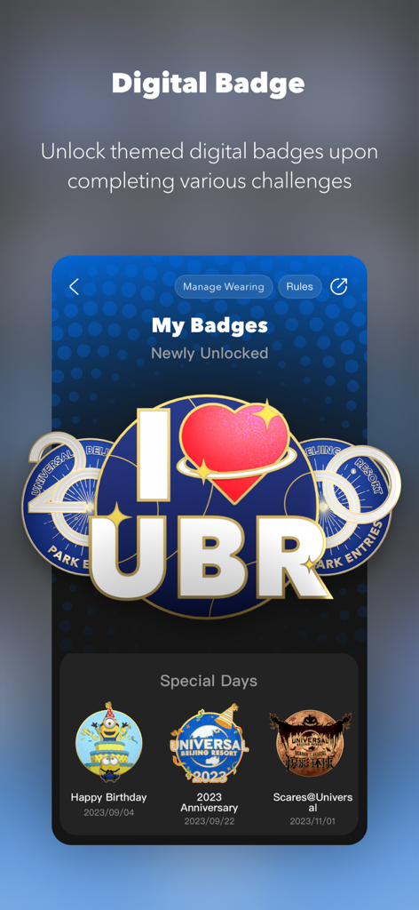 Écran de collecte de badges numériques dans l'application Universal Beijing Resort montrant des récompenses thématiques.
