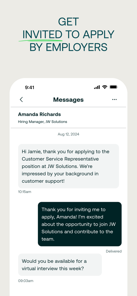 A mobile screen showing the ZipRecruiter messaging feature where a hiring manager invites a job seeker for a virtual interview.