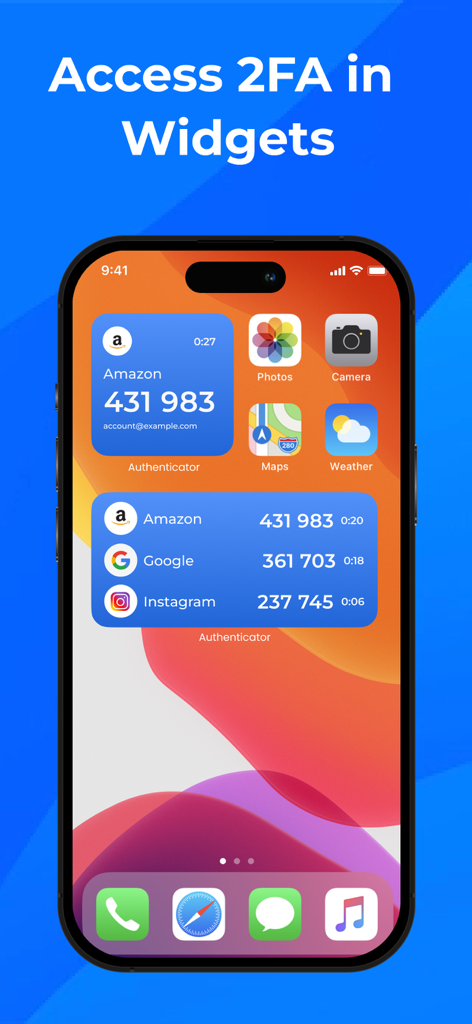 Écran d'accueil de l'iPhone affichant des widgets d'authentification à deux facteurs pour un accès rapide aux codes de sécurité