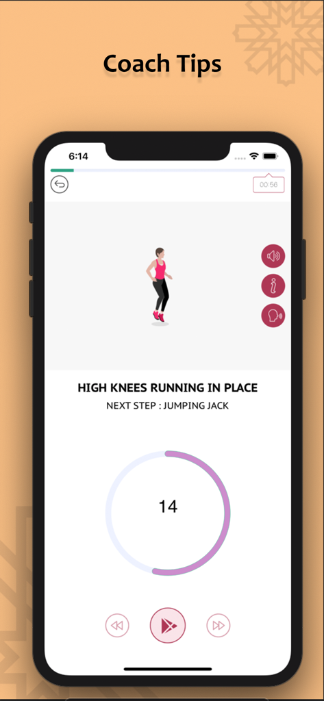 homes Workout For Women - Una interfaz de aplicación móvil para mujeres que muestra un ejercicio de rodillas altas ilustrado con un temporizador de entrenamiento.
