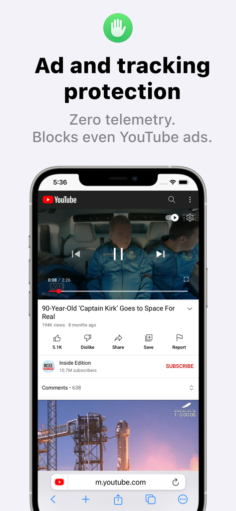 Orion Browser interface showcasing ad and tracking protection while playing a YouTube video.