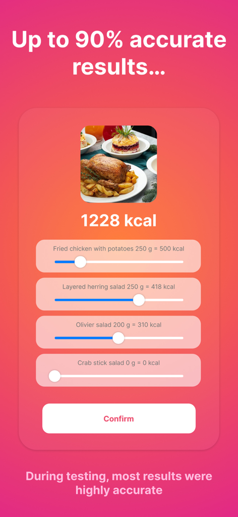 KalorieScan: Calorie Counter - Interfaz que muestra la aplicación KalorieScan identificando con precisión los alimentos y las calorías de una foto de comida con controles deslizantes de porciones.