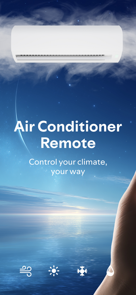 Air Conditioner Remote: AC Pro - Pantalla de introducción de la aplicación Control Remoto Aire Acondicionado con iconos de control de clima y unidad de AC