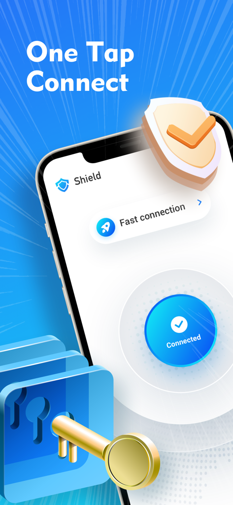 Shield - Secure Tool Fast - Shield app interface showing one tap connect feature for secure and fast internet