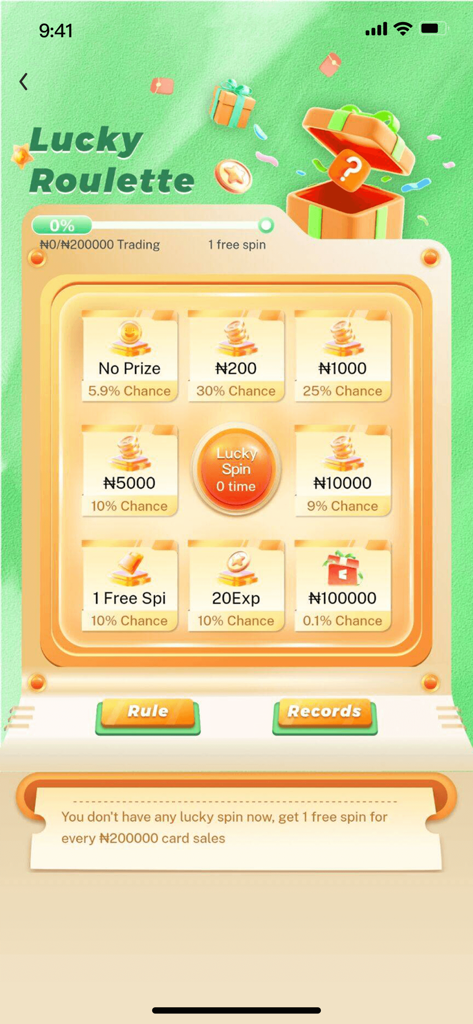 CardBrother - Sell Gift Cards - Écran de la Roulette Chanceuse dans l'application CardBrother montrant des récompenses en espèces et des tours gratuits pour le commerce de cartes-cadeaux