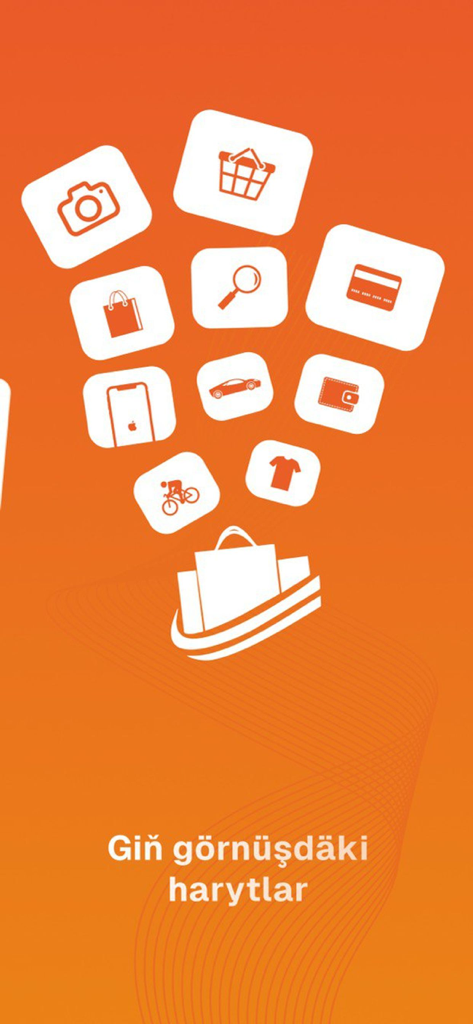 Ynamly Biz - A variety of product category icons including a camera, car, and clothes emerging from a shopping bag on an orange background.