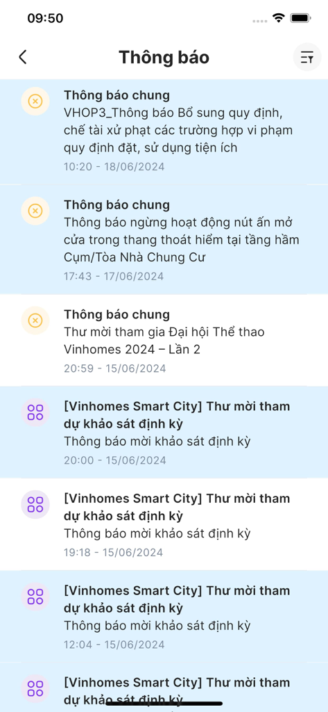 Notifications screen of the Vinhomes Resident mobile application