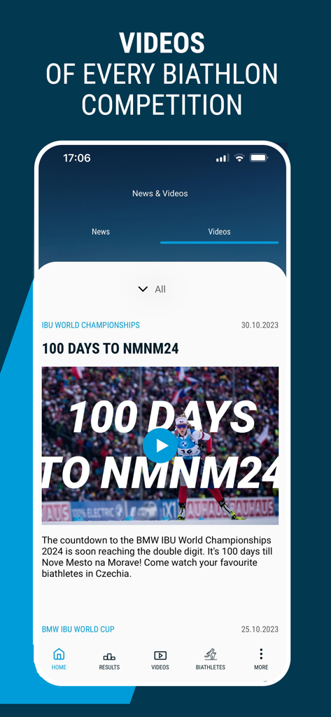 Screenshot of the Official IBU App videos section featuring a news update and video for the Biathlon World Championships.
