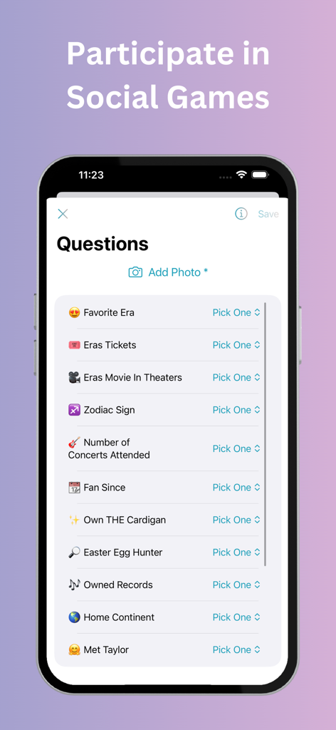 Swift Space - Find Swifties - Smartphone screen of Swift Space app showing a list of social game questions for fans like favorite era and concerts attended
