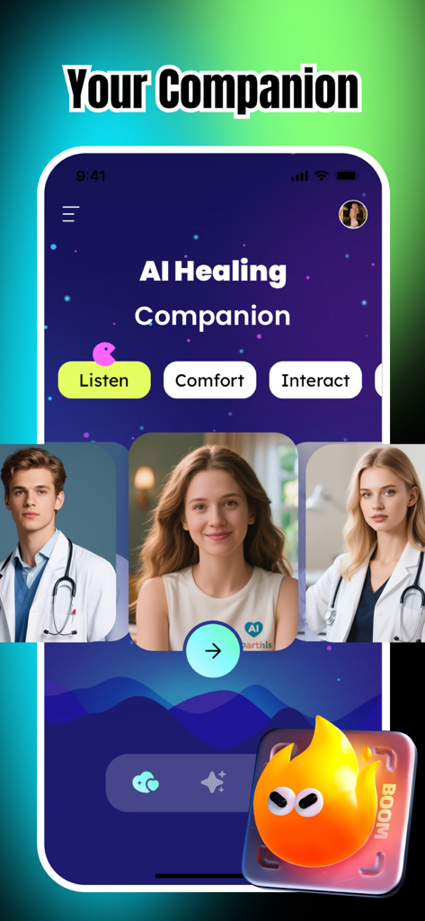 Himi - Adult Video Chat online - Himi app interface showing the AI healing companion feature with various character avatars for emotional support