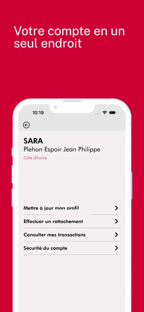 MySUNU Assurances - Écran de l'application mobile MySUNU Assurances montrant le profil du compte utilisateur et les options de gestion en français.