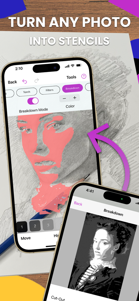 iPhone screen showing the Da Vinci Eye app's breakdown mode turning a photo into a stencil for drawing