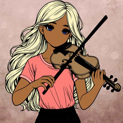 realistic teenage girl wearing a t-shirt, long hair, playing the violin