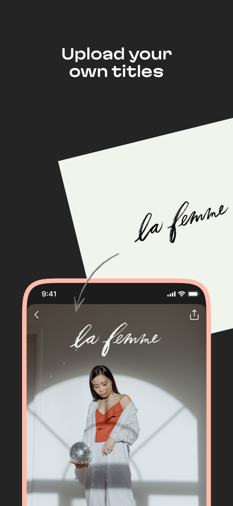 A feature illustration showing how to upload personal calligraphy as a digital title over a lifestyle photo.