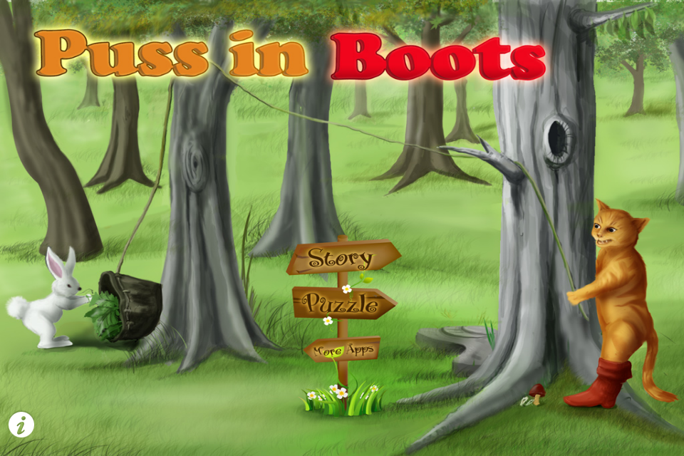 Puss in Boots (HD) - Menú principal de la aplicación El Gato con Botas HD con un gato y un conejo en un bosque con botones de historia y puzles