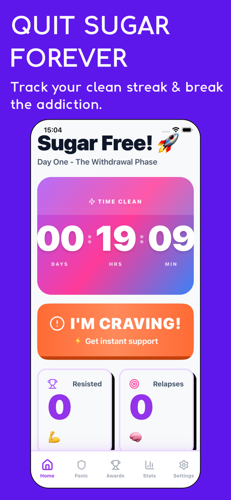 No Sugar Challenge: Detox App - No Sugar Challengeアプリのインターフェース。砂糖なしのストリークタイマーと渇望サポートボタンが表示されています。
