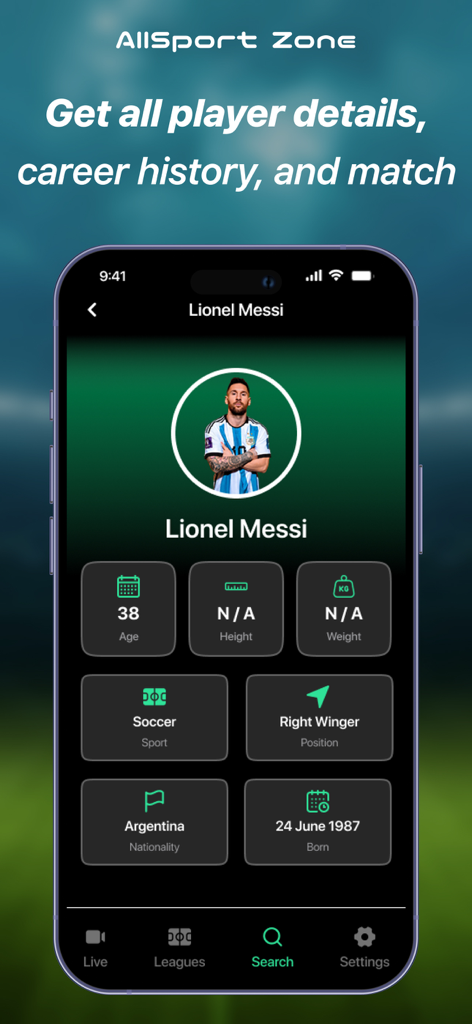 Live Football TV Soccer Score - Mobile app screen showing the player profile of Lionel Messi with stats including age, position, and nationality.