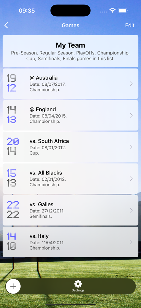 Assistant Coach Rugby - List of past rugby match scores and dates in the Assistant Coach Rugby app