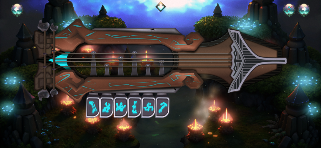 i Legendary Instruments - Hurdy-Gurdy instrument with six glowing rune keys in a mystical forest setting.