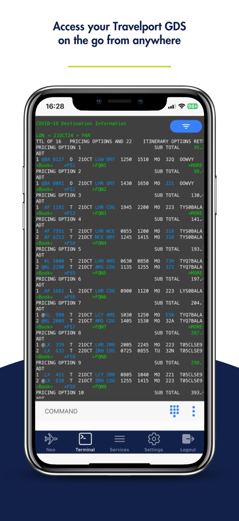 iPhone screen displaying the Travelport Mobile Agent cryptic terminal interface with flight pricing options