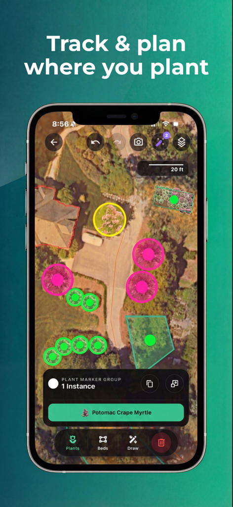 Sow: Garden & Landscape Design - Vue satellite d'un aménagement de jardin dans l'application Sow avec des marqueurs de plantes numériques et des outils de planification paysagère