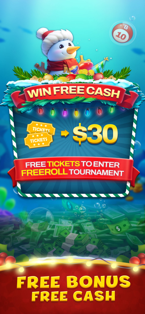 Pantalla promocional de la aplicación Bingo Clash que muestra boletos gratis y premios en efectivo con temática invernal