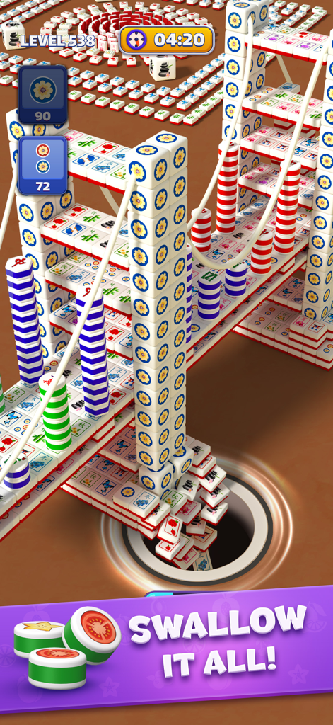 A black hole swallowing a large bridge structure made of Mahjong tiles in a puzzle game.