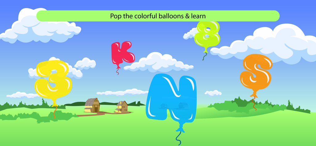 Educational game for toddlers featuring colorful balloons in the shape of letters and numbers