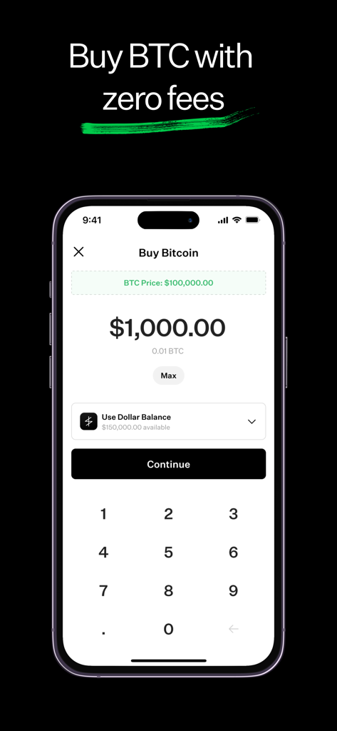 Lava: Secure Bitcoin Loans - iPhone上のLavaアプリのインターフェース。手数料ゼロでビットコインを購入する画面が表示されています。