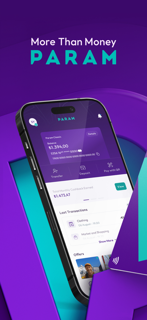 La interfaz de la aplicación móvil Param mostrando el saldo de una cuenta en Lira Turca y el cashback mensual ganado