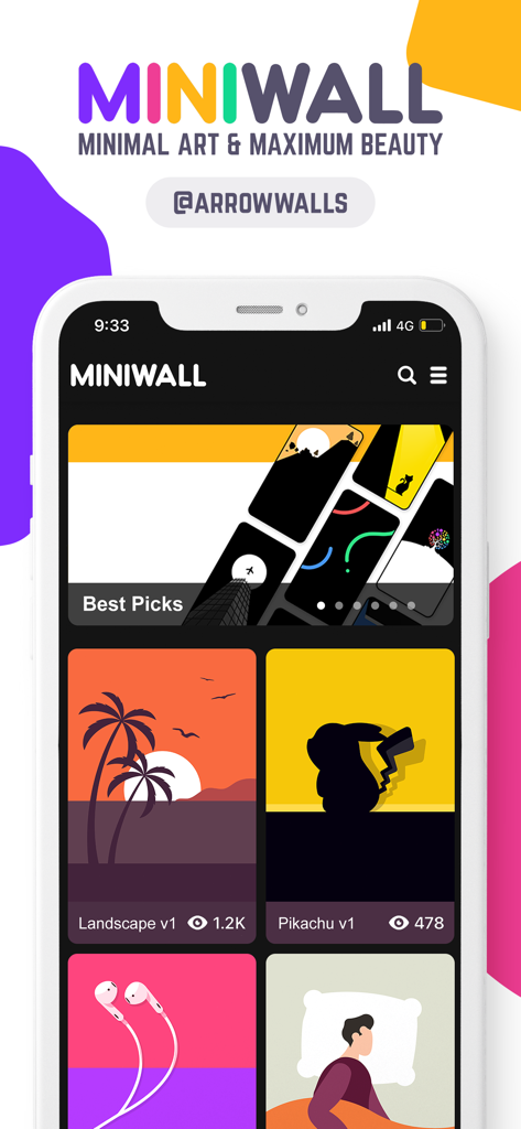 MiniWall Wallpapers - Screenshot of the MiniWall Wallpapers app interface showing a curated gallery of high-quality minimalist wallpapers and artistic categories.