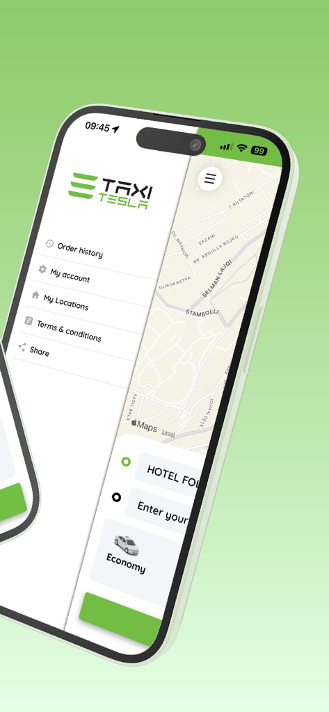 Tesla Taxi Kosova - A mobile app screenshot showing the side menu and map navigation of the Tesla Taxi Kosova application