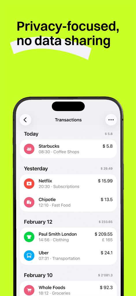 buybuy - Smartphone-Bildschirm, der die buybuy-App-Transaktionsliste mit einer Überschrift über Privatsphäre und keine Datenweitergabe zeigt