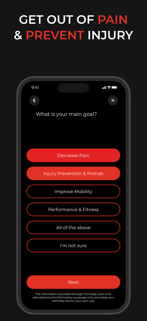 Prehab: Physical Therapy, Pain - Tela de integração do aplicativo móvel Prehab perguntando aos usuários para selecionar seus principais objetivos de fitness e recuperação