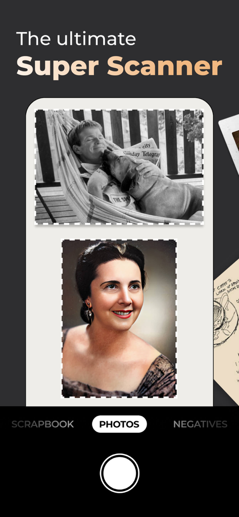 Photo Scanner Plus - Photo Scanner Plus app interface showcasing AI auto cropping and color restoration of vintage photos