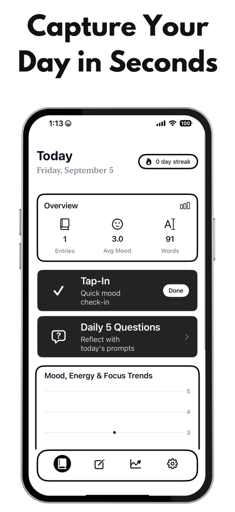 Daily Journal AI app dashboard showing mood check-in and reflection prompts