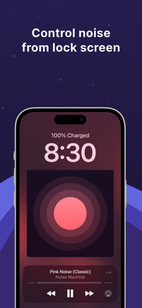 Noise Machine - Brown, White - iPhone lock screen showing Pink Noise playback controls from the Noise Machine app