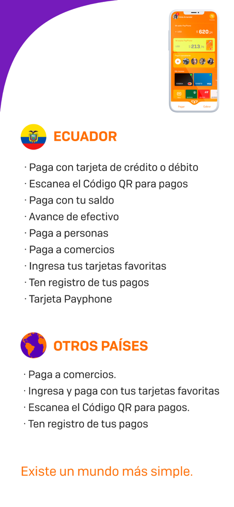 Payphone: App para cobrar - Lista de funciones de la aplicación Payphone para pagos en Ecuador y otros países, incluyendo códigos QR y registro de tarjetas de crédito