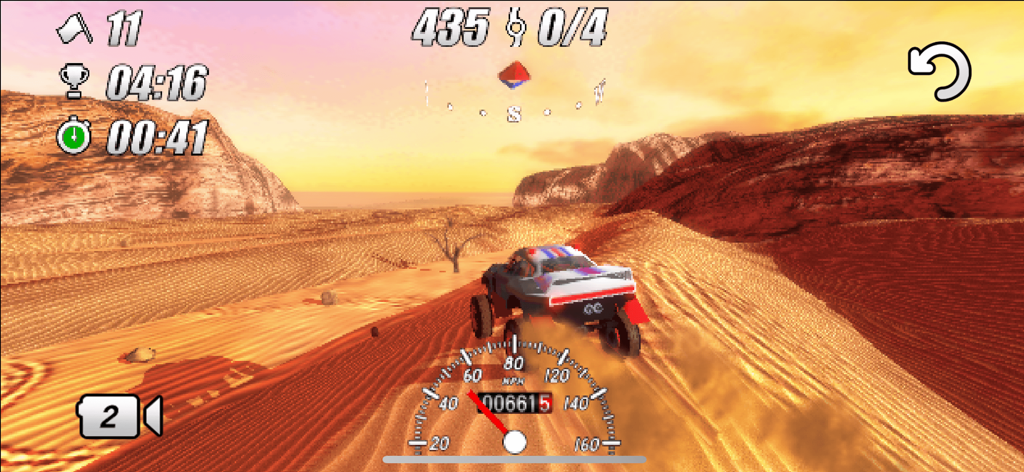DuneDrift - A rally car racing across desert dunes at sunset in the DuneDrift game