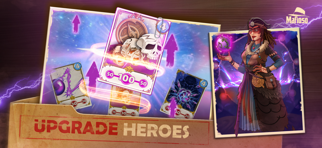 Helden-Upgrade-Bildschirm mit Charakterkarten und einer mächtigen weiblichen Boss-Figur in Godfather of Mafia City