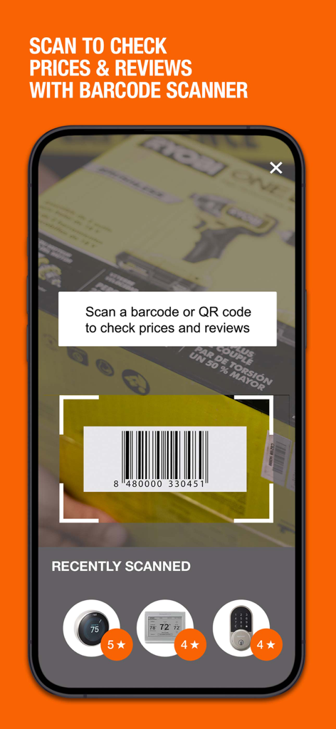 The Home Depot - Home Depot mobile app barcode scanner interface showing a tool box being scanned for prices and reviews